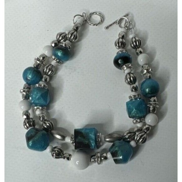 Bracelet Two Strand and Earrings Set Resin Faux Turquoise With Silver Tones - Picture 7 of 11